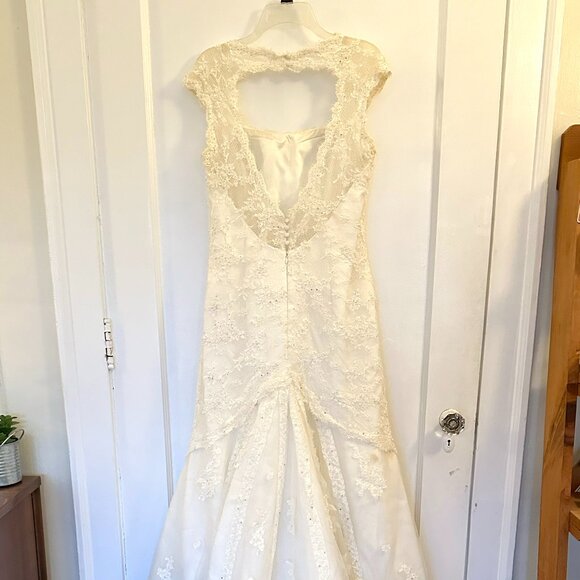 Ivory Lace Keyhole-back Wedding Dress w/ Optional Blush Sash (Demetrios Sz 16) - Picture 8 of 14